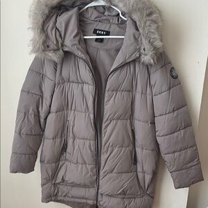 DKNY Gray Puffer Jacket with Faux Fur Hood